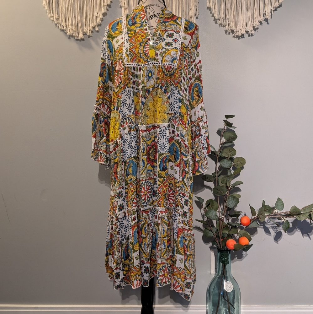 Women's Whimsigoth Orange Fashion Village Celestial Aline Midi Dress Size S/M